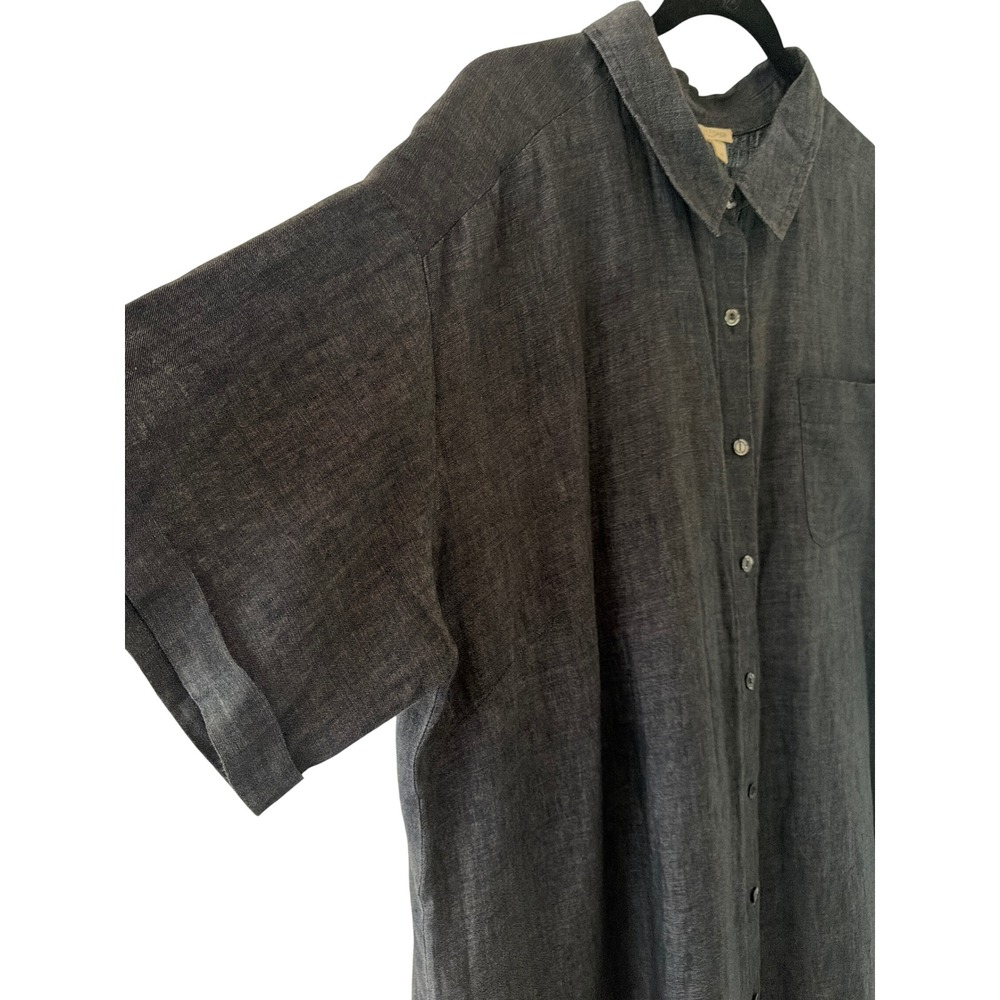 Eileen Fisher Shirt Dress Grey Organic Linen Short Sleeve Button Front Oversized - Picture 2 of 6